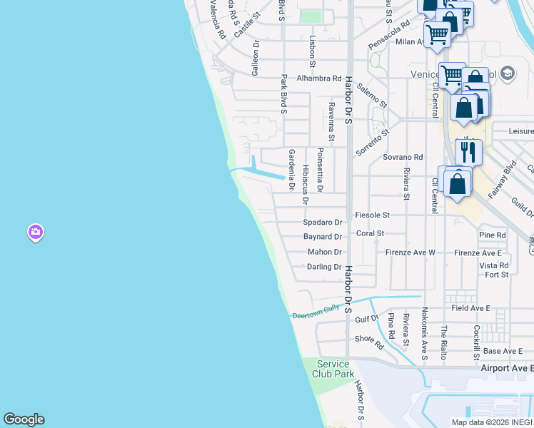 map of restaurants, bars, coffee shops, grocery stores, and more near 718 Golden Beach Boulevard in Venice