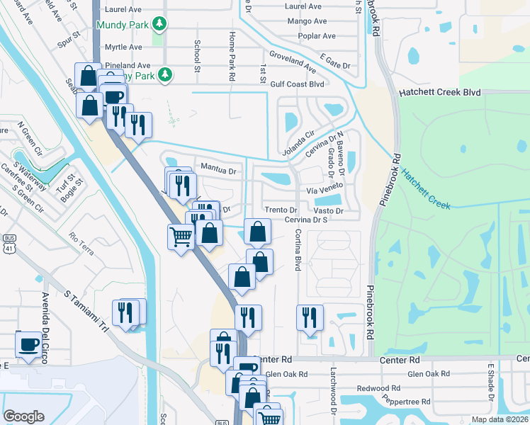 map of restaurants, bars, coffee shops, grocery stores, and more near 408 Trento Drive in Venice