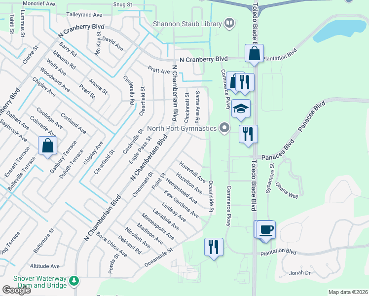 map of restaurants, bars, coffee shops, grocery stores, and more near 3722 Point Street in North Port
