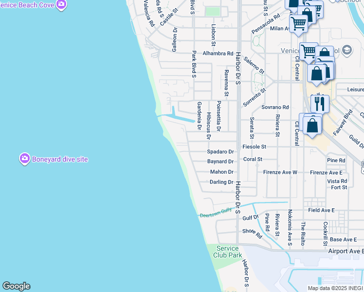 map of restaurants, bars, coffee shops, grocery stores, and more near 718 Golden Beach Boulevard in Venice