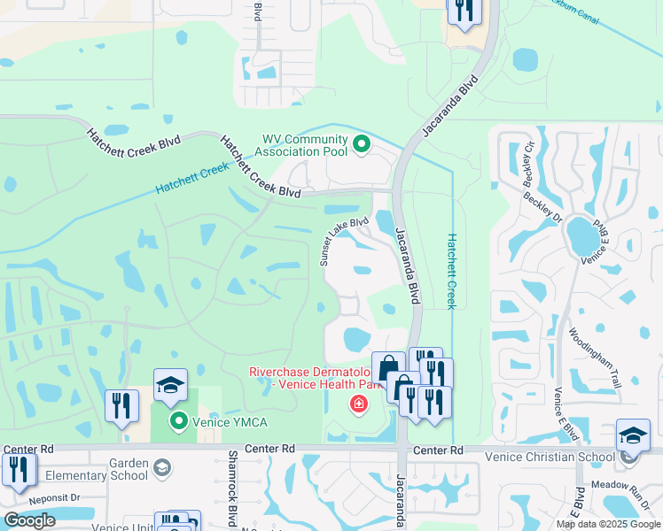 map of restaurants, bars, coffee shops, grocery stores, and more near 412 Sunset Lake Boulevard in Venice