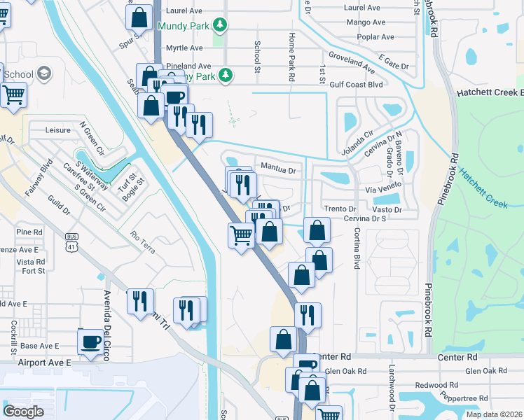 map of restaurants, bars, coffee shops, grocery stores, and more near 701 Roma Road in Venice