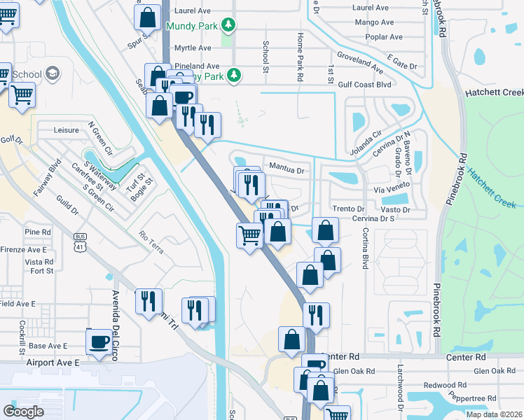 map of restaurants, bars, coffee shops, grocery stores, and more near 701 Roma Road in Venice