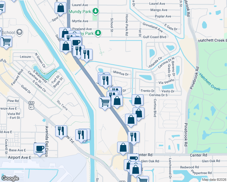 map of restaurants, bars, coffee shops, grocery stores, and more near 701 Roma Road in Venice