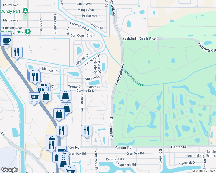 map of restaurants, bars, coffee shops, grocery stores, and more near 633 Cervina Drive South in Venice