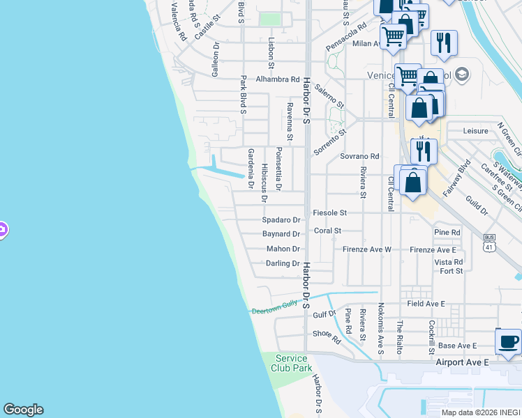 map of restaurants, bars, coffee shops, grocery stores, and more near 509 Everglades Drive in Venice