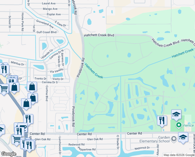 map of restaurants, bars, coffee shops, grocery stores, and more near 371 Swallow Circle in Venice