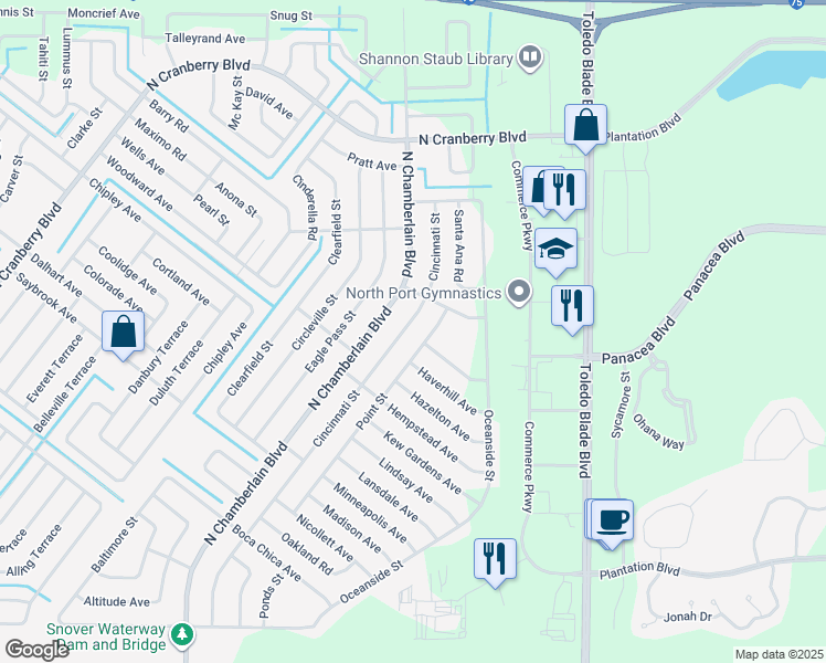 map of restaurants, bars, coffee shops, grocery stores, and more near 3678 Cincinnati Street in North Port