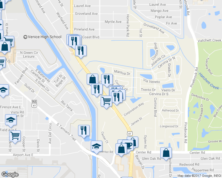 map of restaurants, bars, coffee shops, grocery stores, and more near 701 Roma Road in Venice