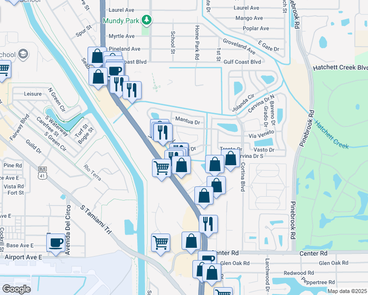 map of restaurants, bars, coffee shops, grocery stores, and more near 711 Locarno Drive in Venice