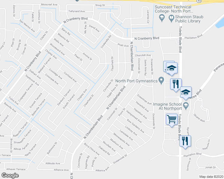 map of restaurants, bars, coffee shops, grocery stores, and more near 2126 Hamilton Avenue in North Port