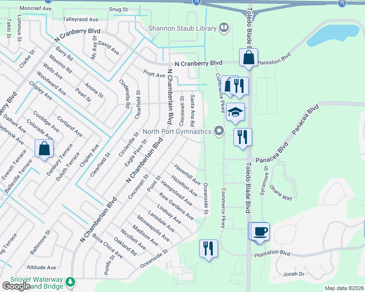 map of restaurants, bars, coffee shops, grocery stores, and more near 3722 Point Street in North Port