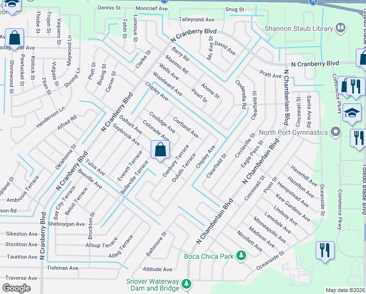 map of restaurants, bars, coffee shops, grocery stores, and more near 4143 Danbury Terrace in North Port