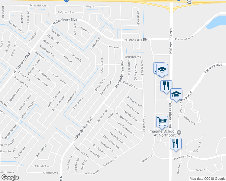 map of restaurants, bars, coffee shops, grocery stores, and more near 3634 North Chamberlain Boulevard in North Port