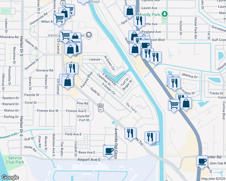 map of restaurants, bars, coffee shops, grocery stores, and more near 815 South Green Circle in Venice