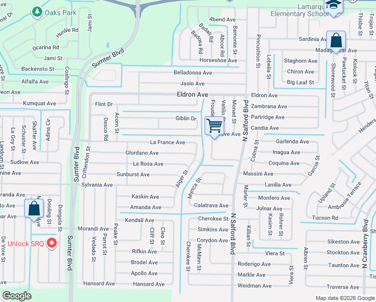 map of restaurants, bars, coffee shops, grocery stores, and more near 3319 Alger Street in North Port