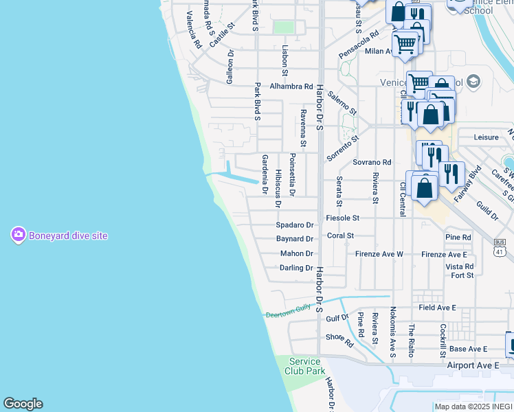 map of restaurants, bars, coffee shops, grocery stores, and more near 509 Everglades Drive in Venice