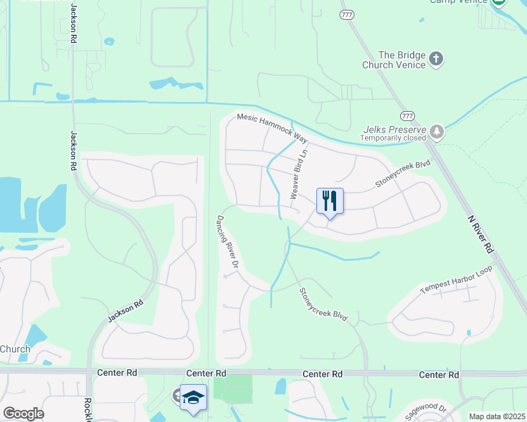 map of restaurants, bars, coffee shops, grocery stores, and more near 11597 Dancing River Drive in Venice