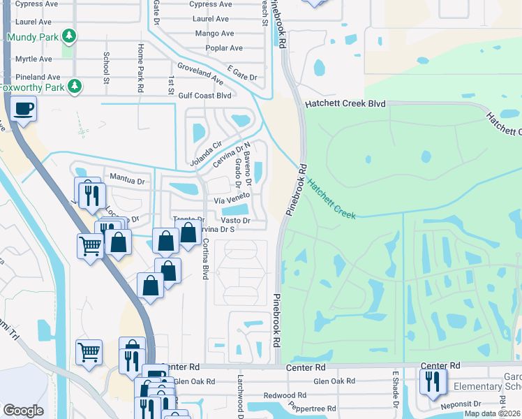 map of restaurants, bars, coffee shops, grocery stores, and more near 633 Cervina Drive South in Venice