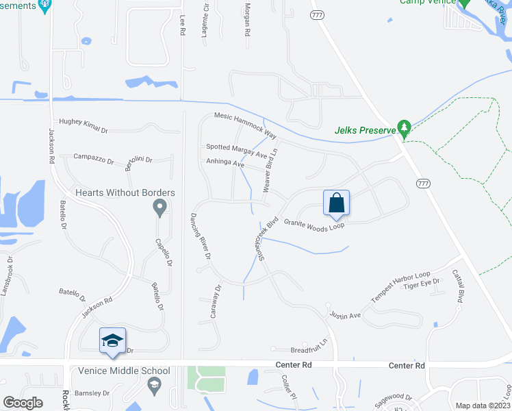 map of restaurants, bars, coffee shops, grocery stores, and more near 11647 Dancing River Drive in Venice