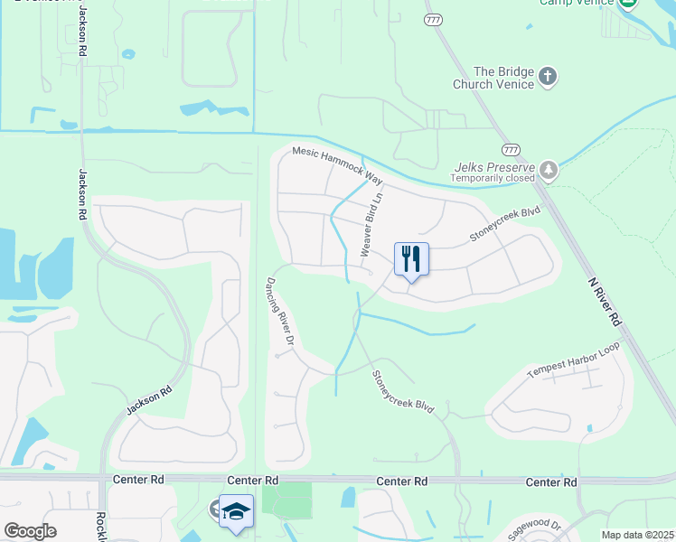 map of restaurants, bars, coffee shops, grocery stores, and more near 11597 Dancing River Drive in Venice