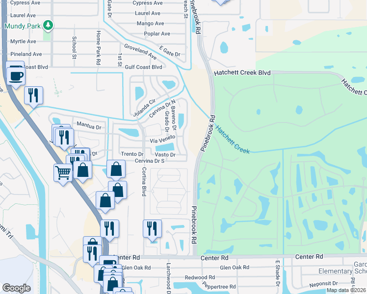 map of restaurants, bars, coffee shops, grocery stores, and more near 633 Cervina Drive South in Venice