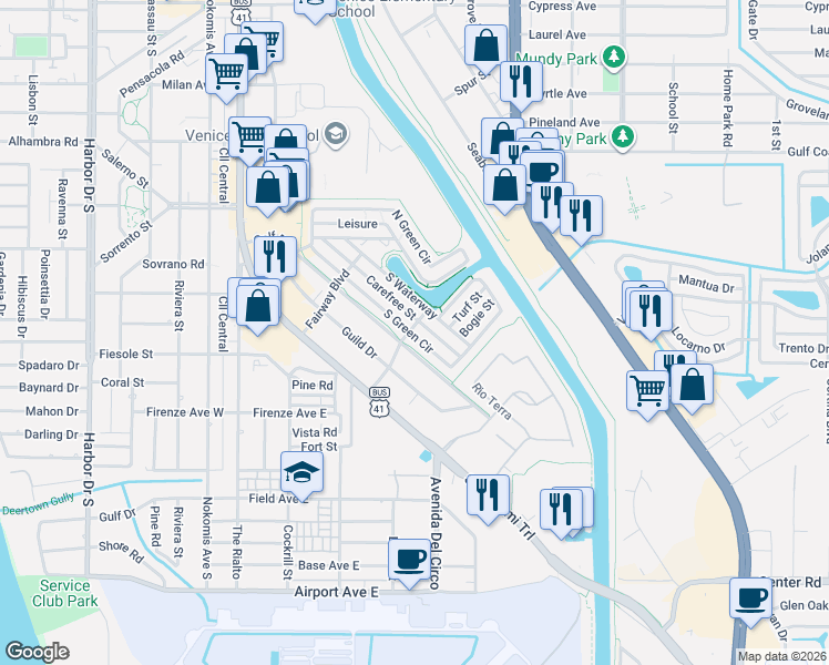 map of restaurants, bars, coffee shops, grocery stores, and more near 815 South Green Circle in Venice