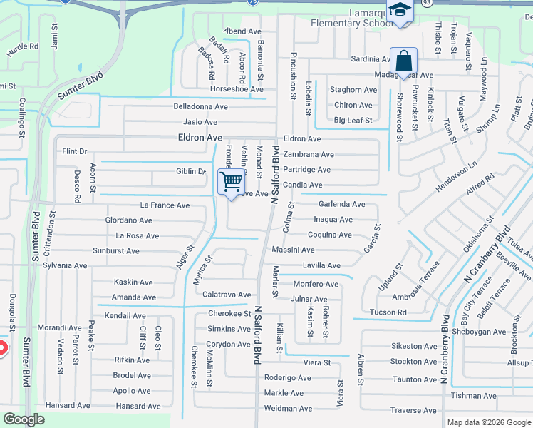 map of restaurants, bars, coffee shops, grocery stores, and more near 3378 North Salford Boulevard in North Port