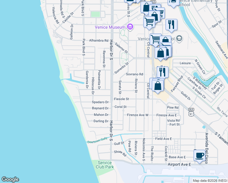 map of restaurants, bars, coffee shops, grocery stores, and more near 725 Harbor Drive South in Venice