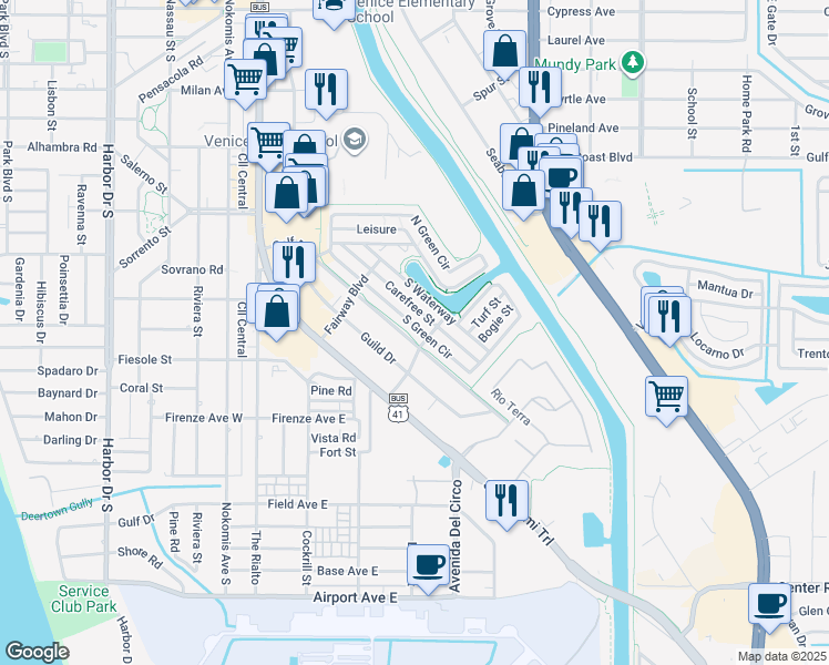 map of restaurants, bars, coffee shops, grocery stores, and more near 727 Carefree Street in Venice