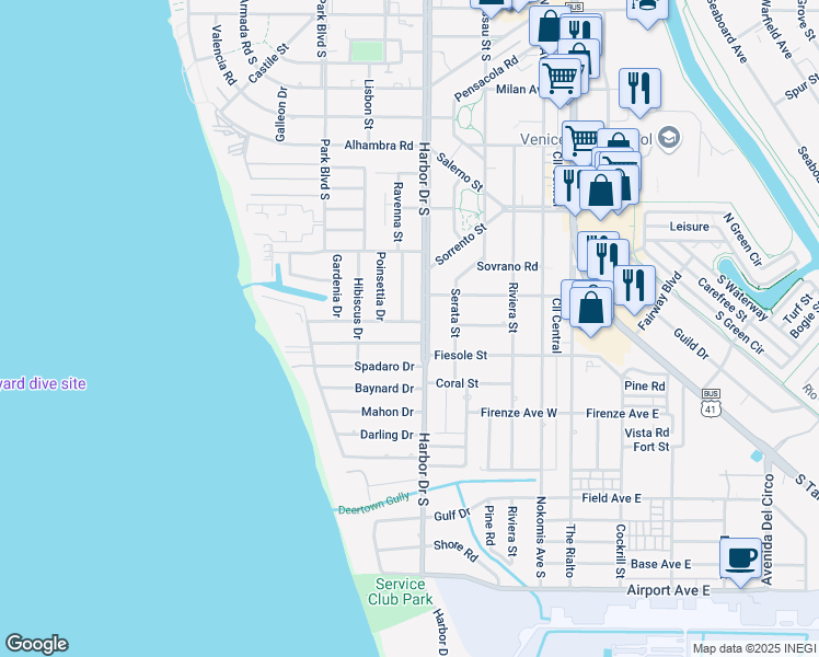 map of restaurants, bars, coffee shops, grocery stores, and more near 405 Villas Drive in Venice