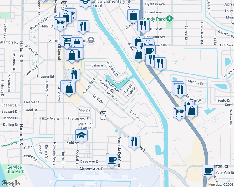 map of restaurants, bars, coffee shops, grocery stores, and more near 739 South Waterway in Venice