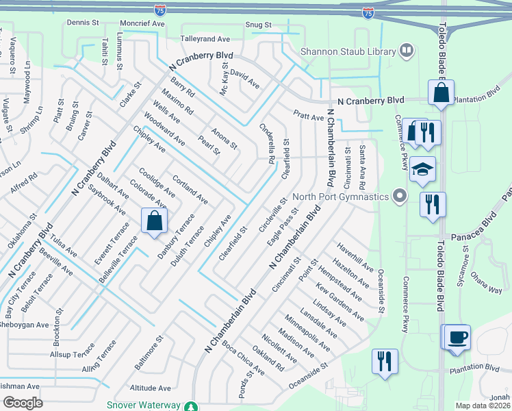 map of restaurants, bars, coffee shops, grocery stores, and more near 3501 Clearfield Street in North Port
