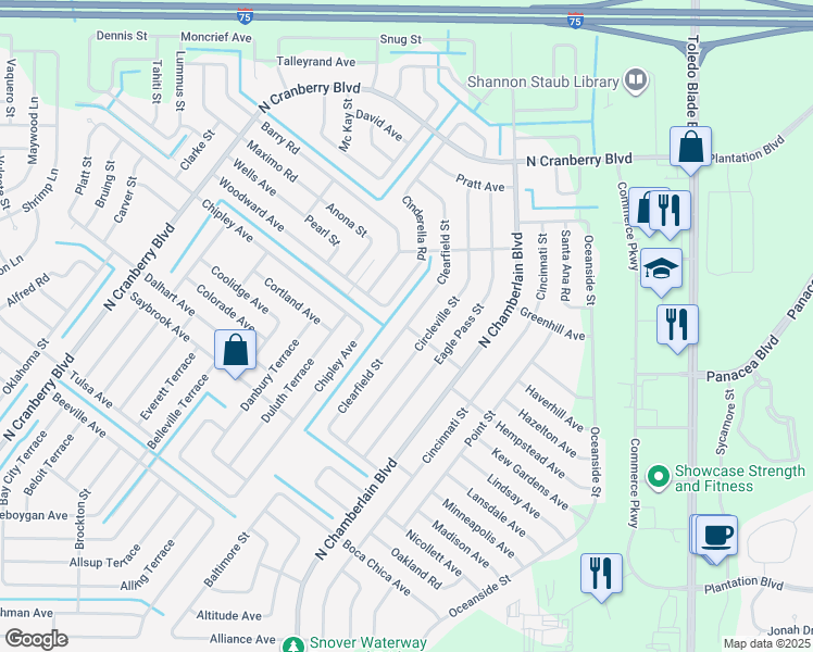 map of restaurants, bars, coffee shops, grocery stores, and more near Clearfield Street in North Port