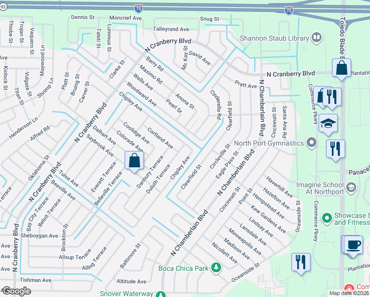 map of restaurants, bars, coffee shops, grocery stores, and more near 2226 Chipley Avenue in North Port