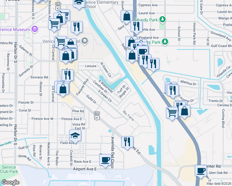 map of restaurants, bars, coffee shops, grocery stores, and more near 739 South Waterway in Venice