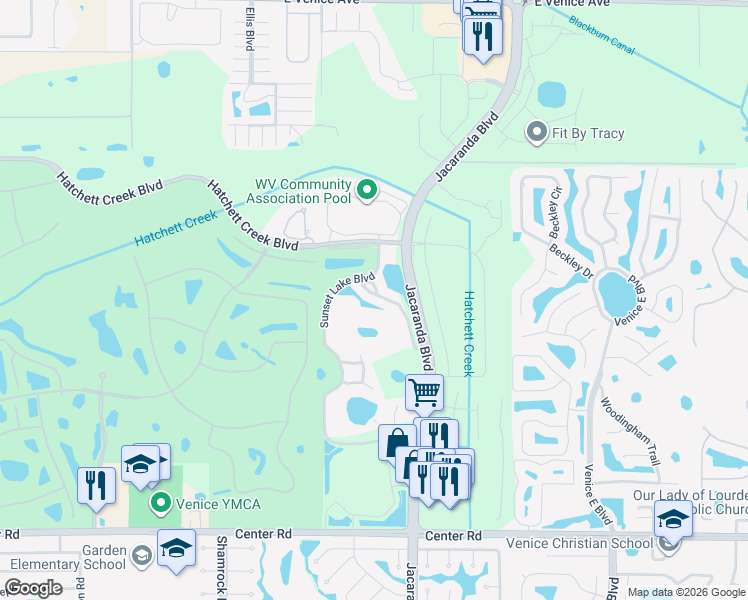 map of restaurants, bars, coffee shops, grocery stores, and more near 202 Silver Lake Drive in Venice