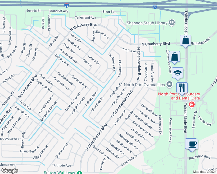 map of restaurants, bars, coffee shops, grocery stores, and more near 3501 Clearfield Street in North Port