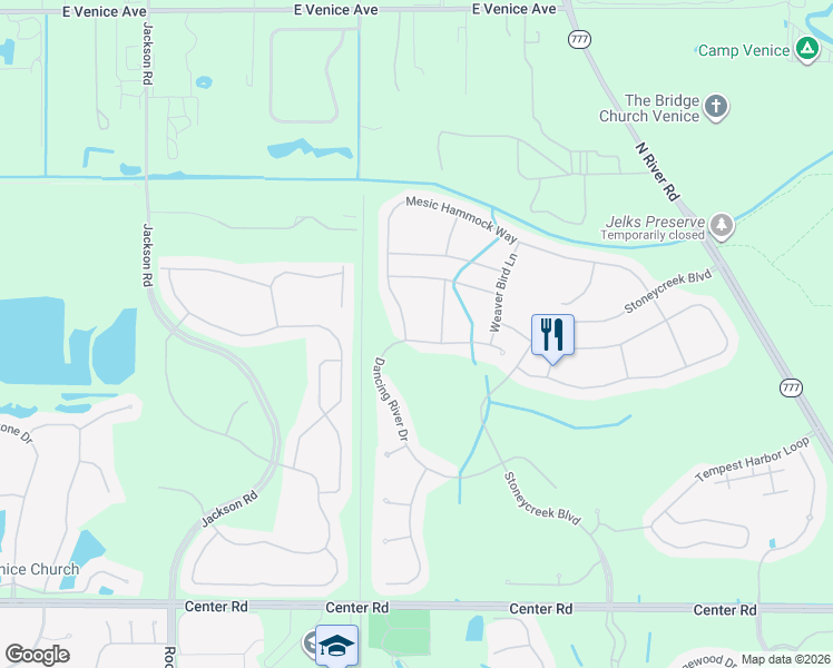 map of restaurants, bars, coffee shops, grocery stores, and more near 11568 Dancing River Drive in Venice