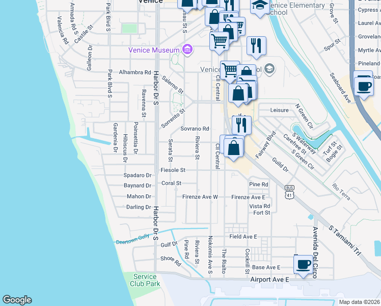 map of restaurants, bars, coffee shops, grocery stores, and more near 215 San Marco Drive in Venice