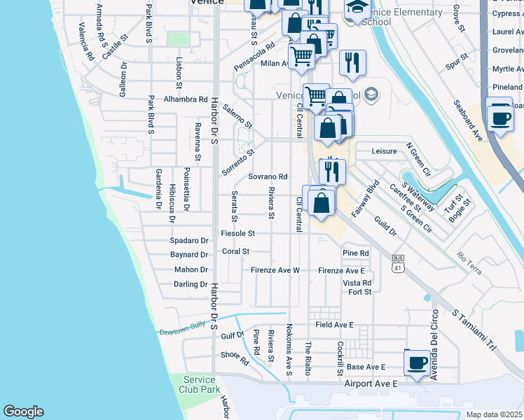 map of restaurants, bars, coffee shops, grocery stores, and more near 215 San Marco Drive in Venice