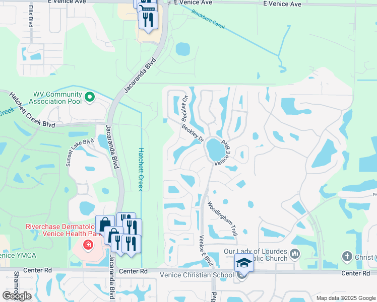map of restaurants, bars, coffee shops, grocery stores, and more near 728 Sugarwood Way in Venice