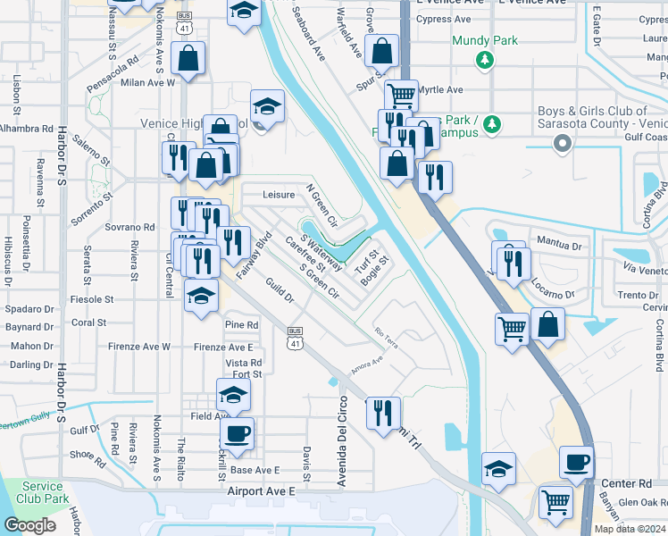 map of restaurants, bars, coffee shops, grocery stores, and more near 739 South Waterway in Venice