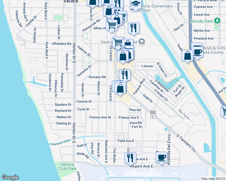 map of restaurants, bars, coffee shops, grocery stores, and more near 706 The Rialto in Venice