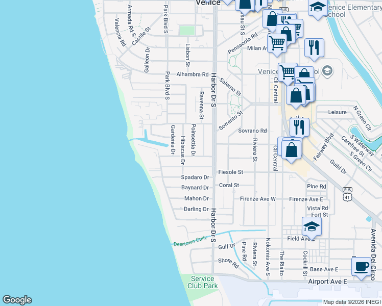 map of restaurants, bars, coffee shops, grocery stores, and more near 626 Poinsettia Drive in Venice