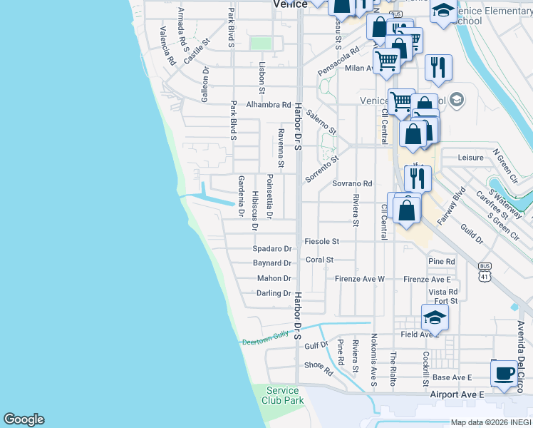 map of restaurants, bars, coffee shops, grocery stores, and more near 626 Poinsettia Drive in Venice