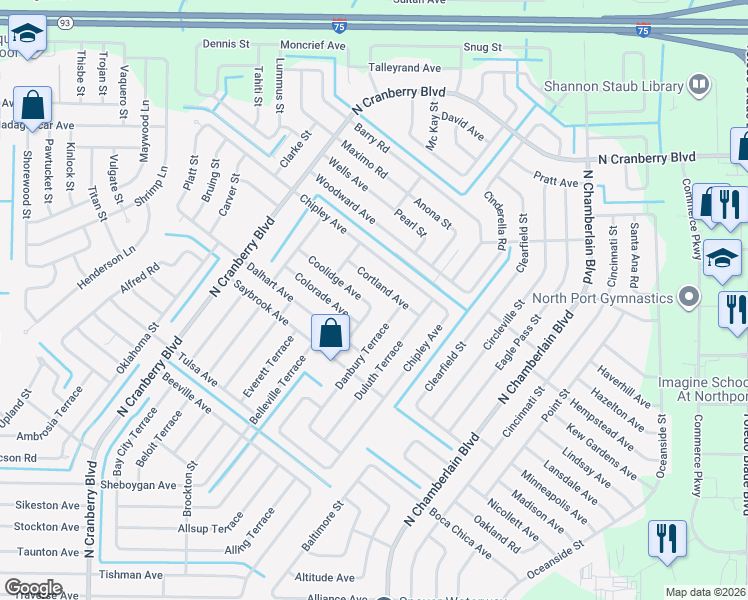 map of restaurants, bars, coffee shops, grocery stores, and more near 2536 Coolidge Avenue in North Port