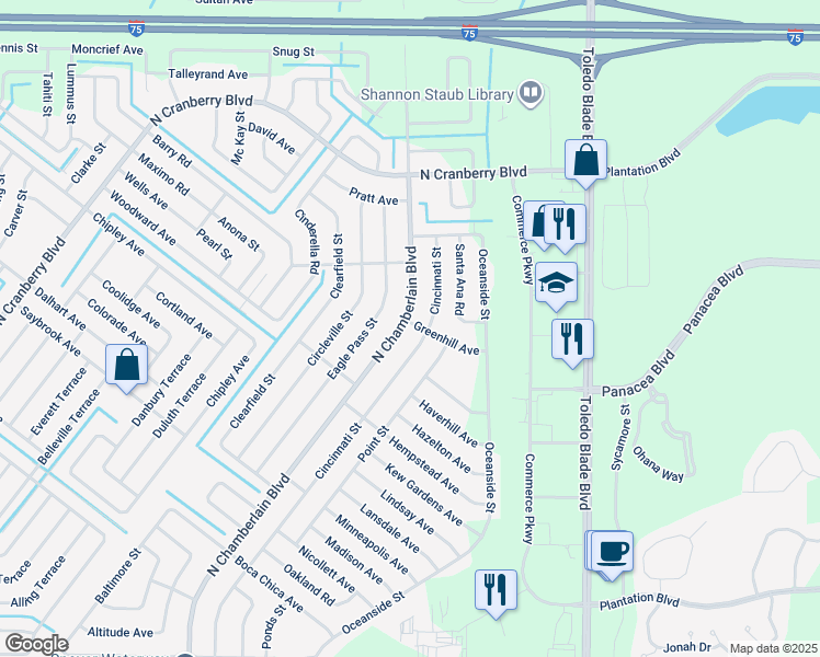 map of restaurants, bars, coffee shops, grocery stores, and more near 3788 North Chamberlain Boulevard in North Port