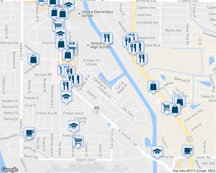map of restaurants, bars, coffee shops, grocery stores, and more near 739 South Waterway in Venice