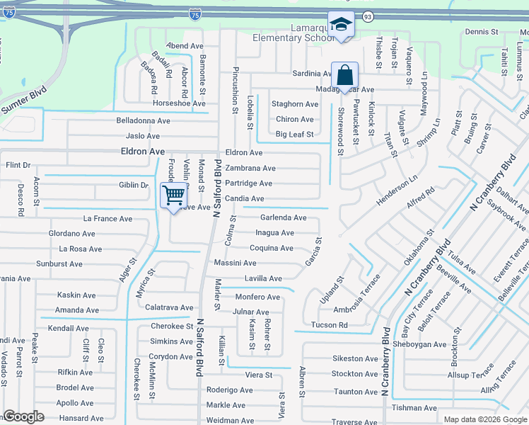 map of restaurants, bars, coffee shops, grocery stores, and more near 3778 Garlenda Avenue in North Port